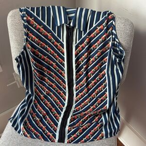 CAbi Blue and Black Floral Striped Blouse